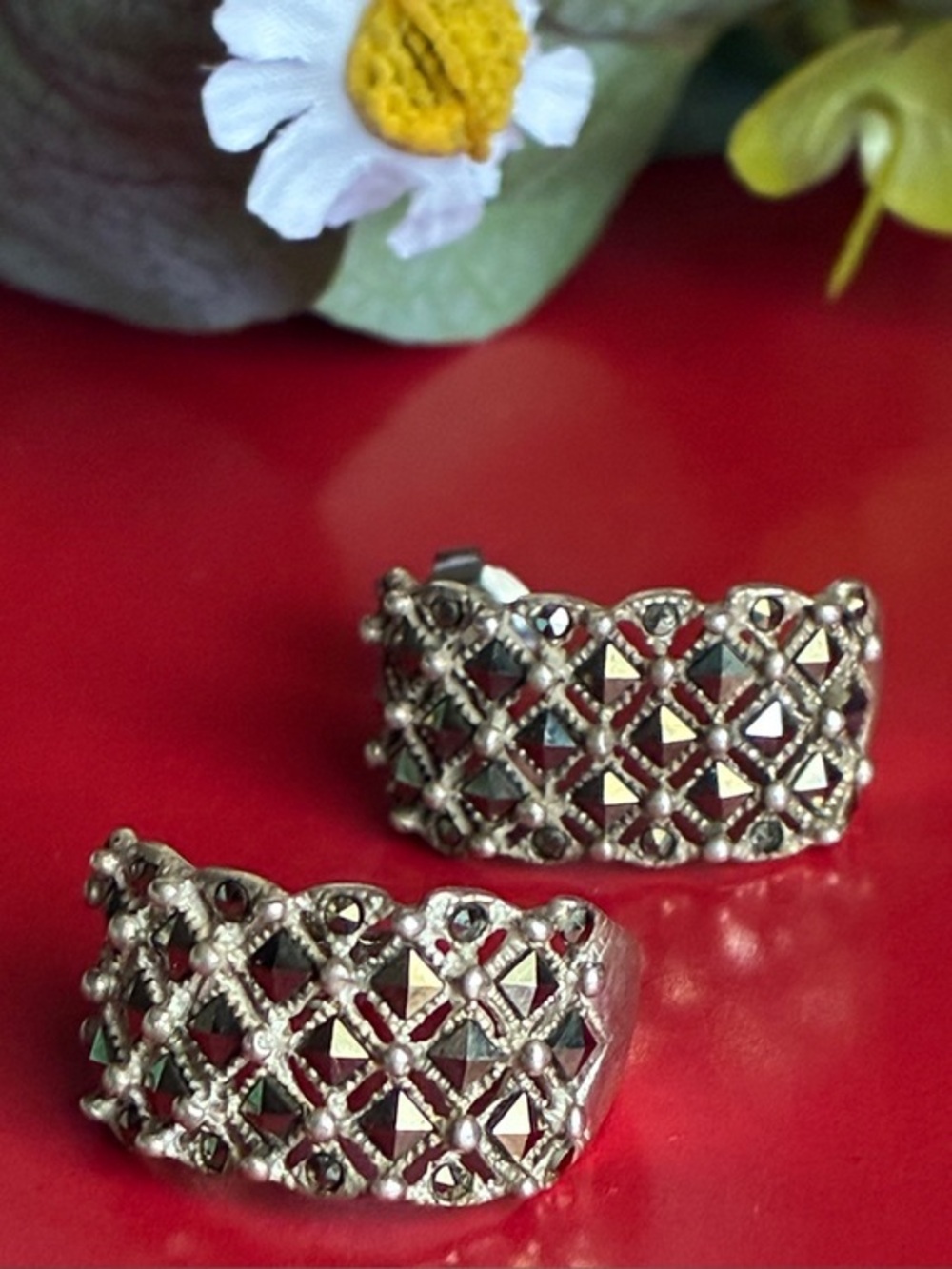 925 Silver Earrings,Openwork Lattice Half-Hoop Earrings in Silver